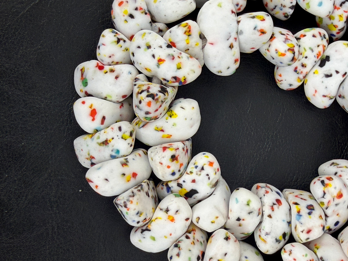 XL Confetti Snow Canoe-Shaped Krobo Powdered Glass Beads | White Multicolor Recycled Glass Beads | Handmade African Beads from Ghana