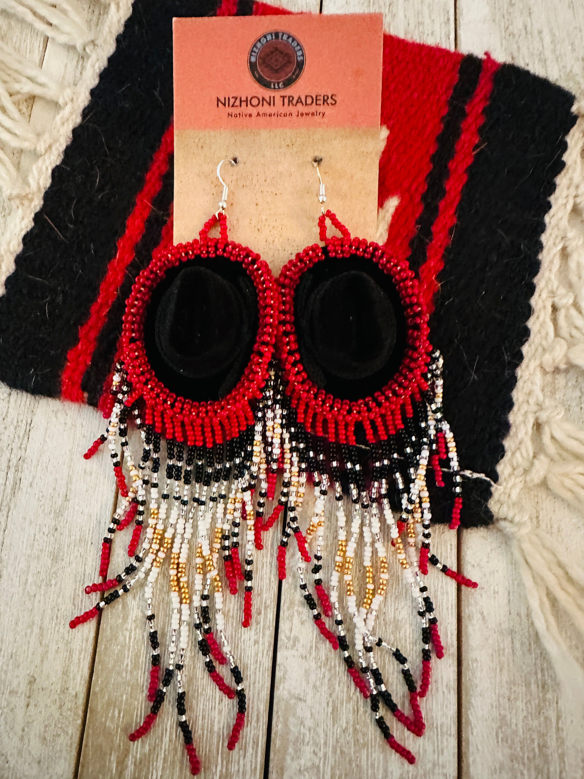 Handcrafted Beaded Cowboy Hat Dangle Earrings- red