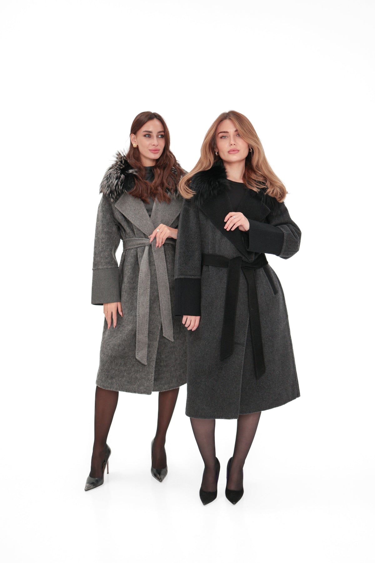 Boston Genuine Silver Fox Cashmere Blend Double-Face Coat in Grey Melange