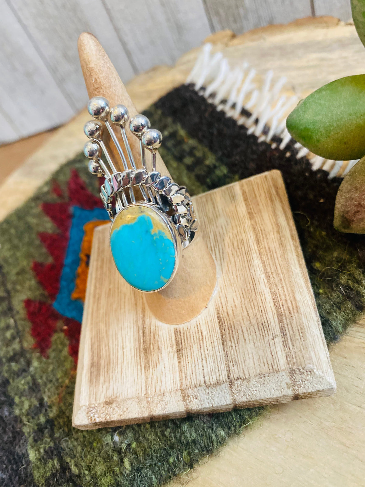 Handcrafted Royston Turquoise & Sterling Silver Crown Ring Size 7.5