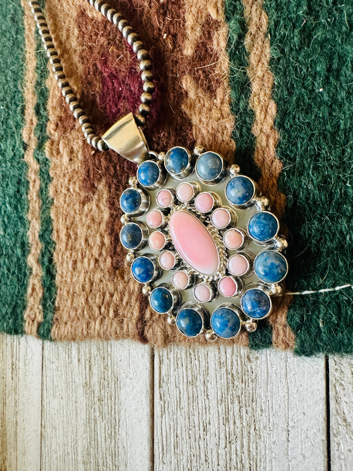 Handcrafted Queen Pink Conch, Lapis & Sterling Silver Cluster Pendant