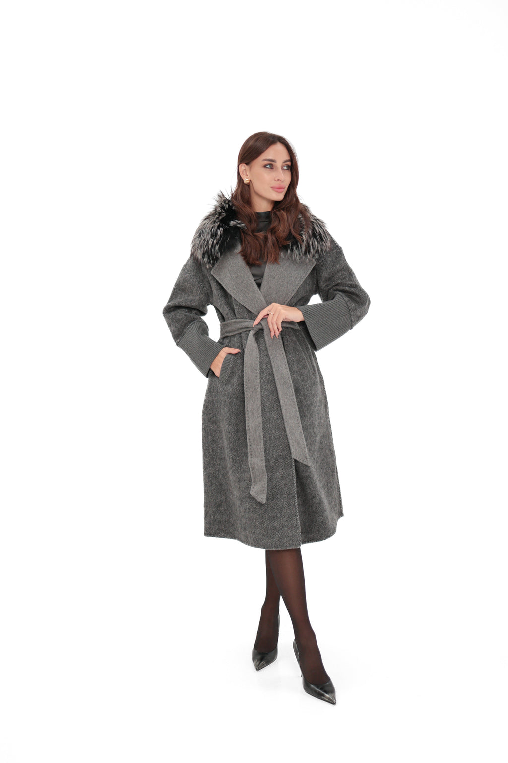 Boston Genuine Silver Fox Cashmere Blend Double-Face Coat in Grey Melange