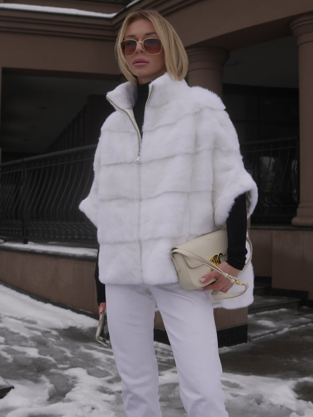Genuine Scandinavian Mink Fur Poncho in Snow