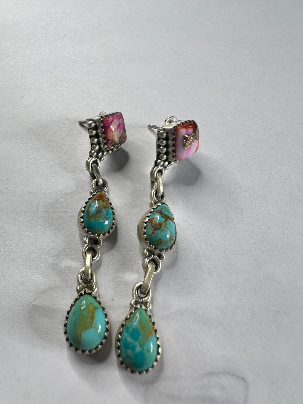 Handmade Sterling Silver, Pink Dream & Turquoise Post Dangle Earrings
