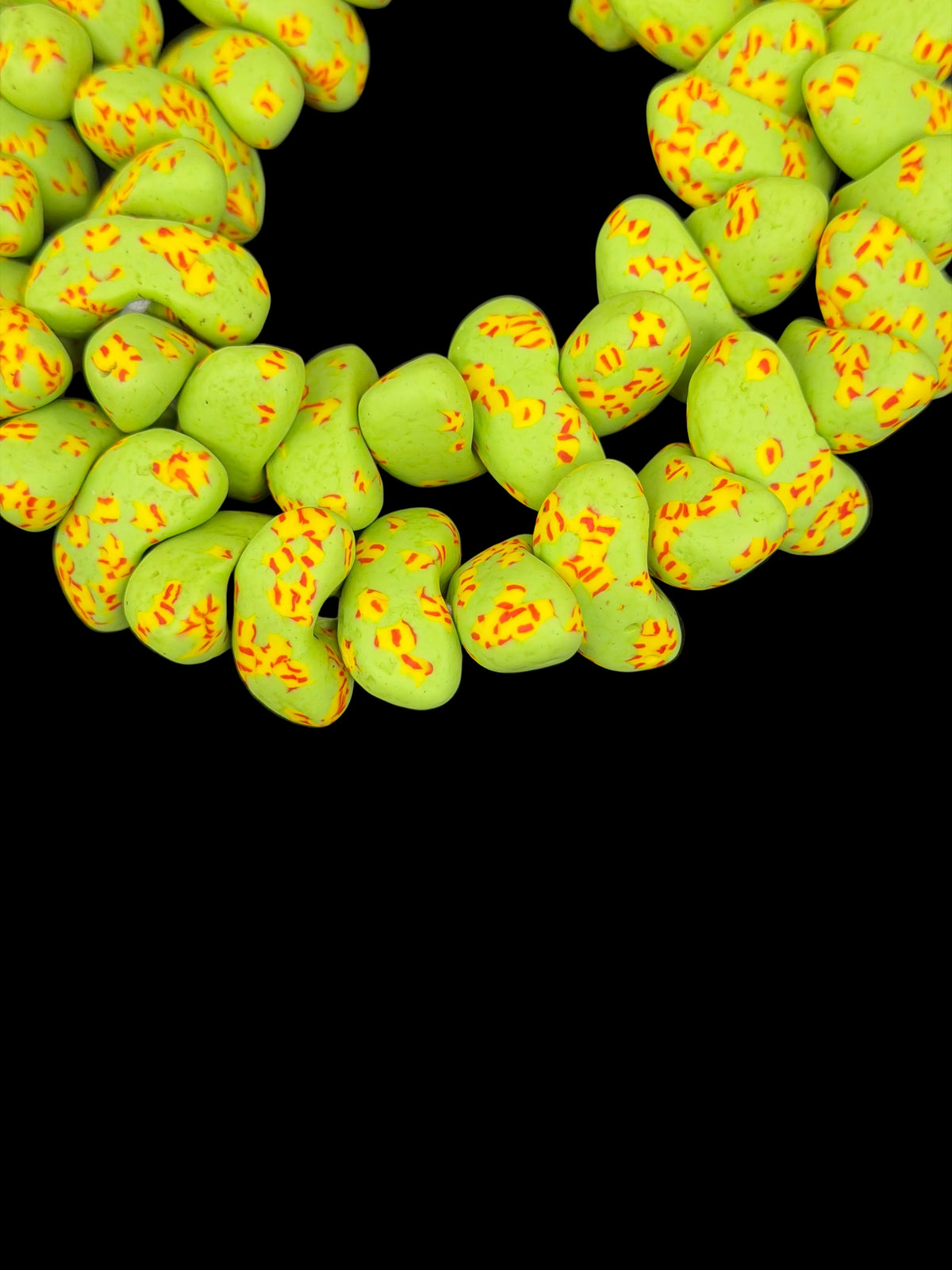 XL Canoe-Shaped Krobo Powdered Glass Beads – Lime Green & Orange Speckled African Recycled Glass Beads | Large Artisan Beads from Ghana | 1 Strand