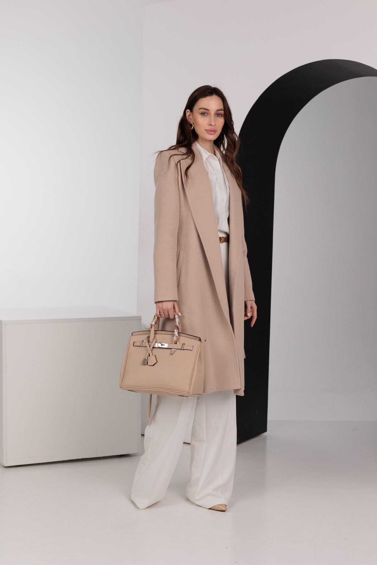 Geneva Classic Wraparound Wool Blend Overcoat in Beige
