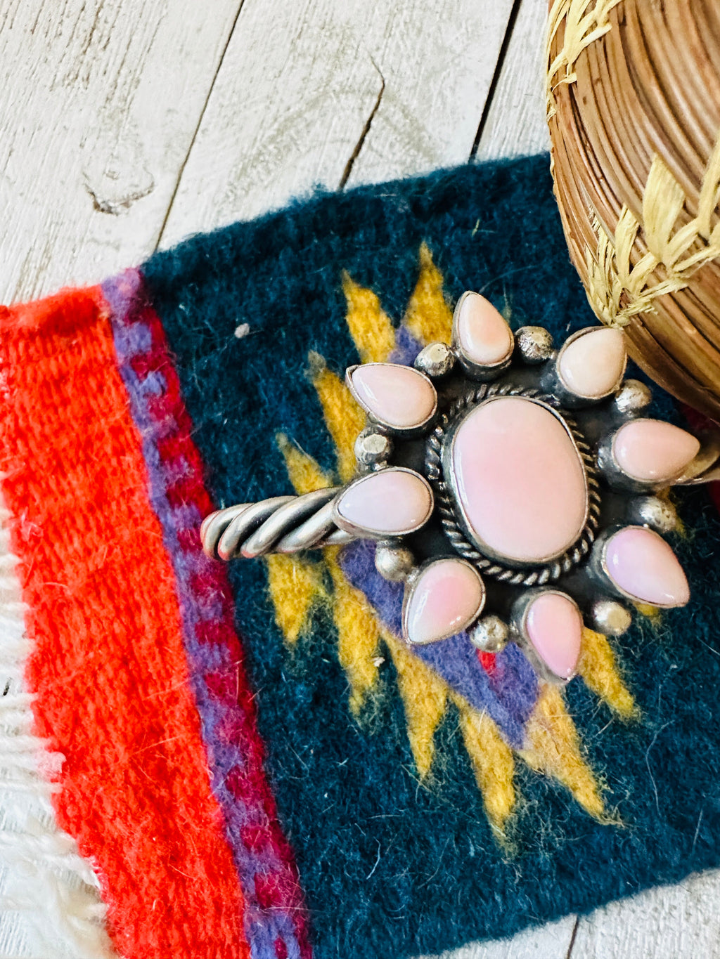 Handcrafted Queen Pink Conch Shell & Sterling Silver Cluster Cuff Bracelet