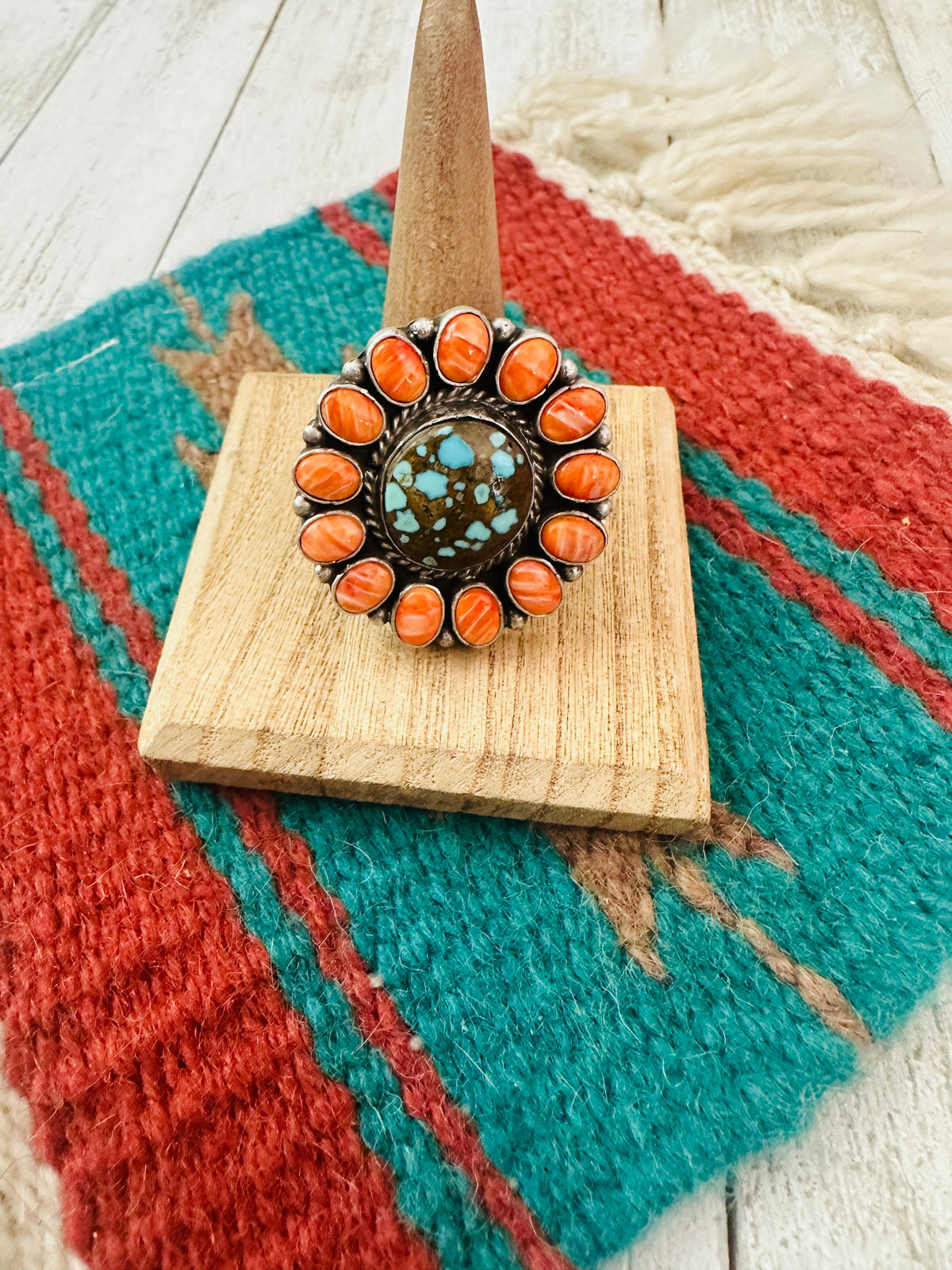 Handcrafted Sterling Silver, Orange Spiny & Turquoise Cluster Adjustable Ring