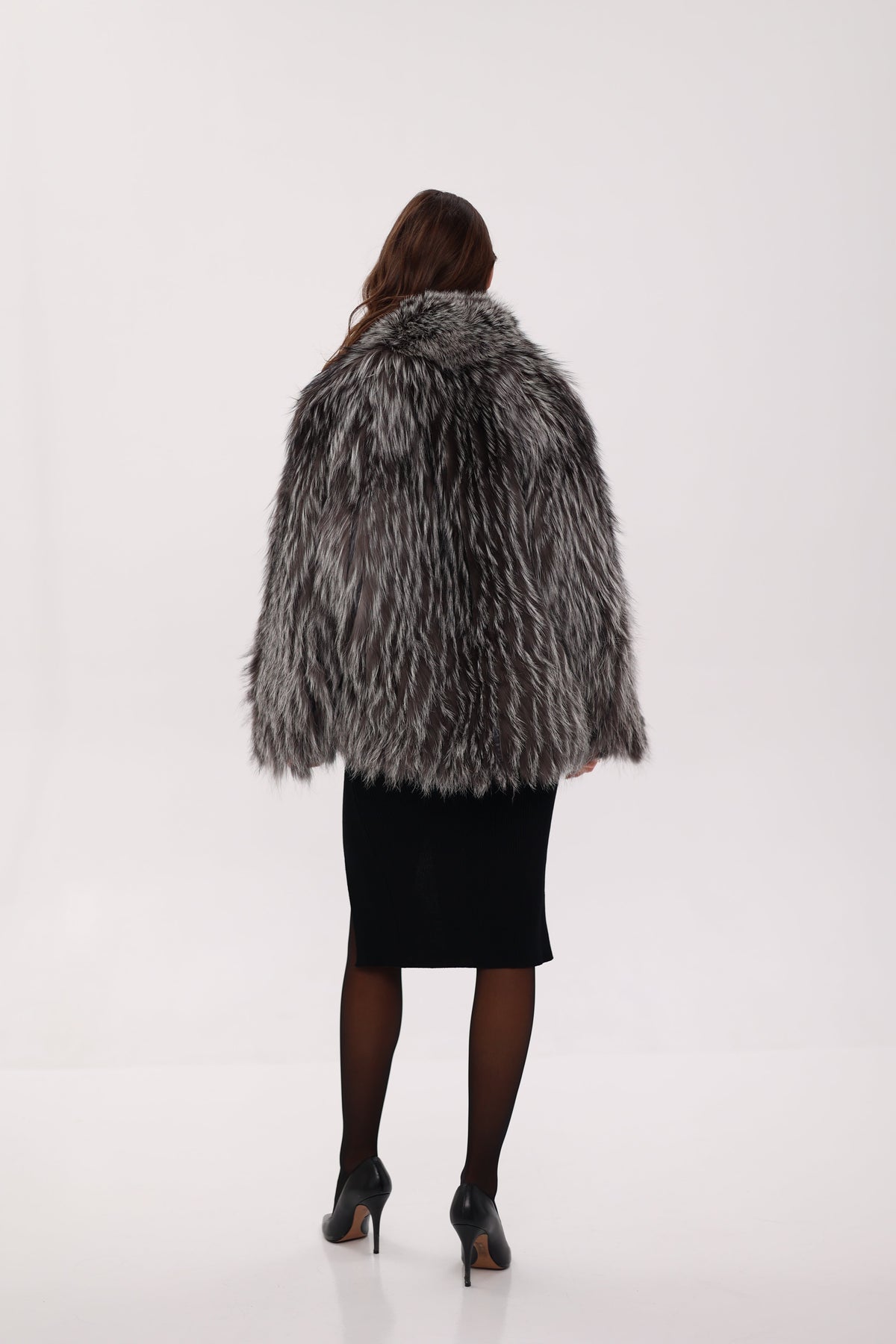 Reversible Genuine Silver Fox  Down Fill Coat in Grey