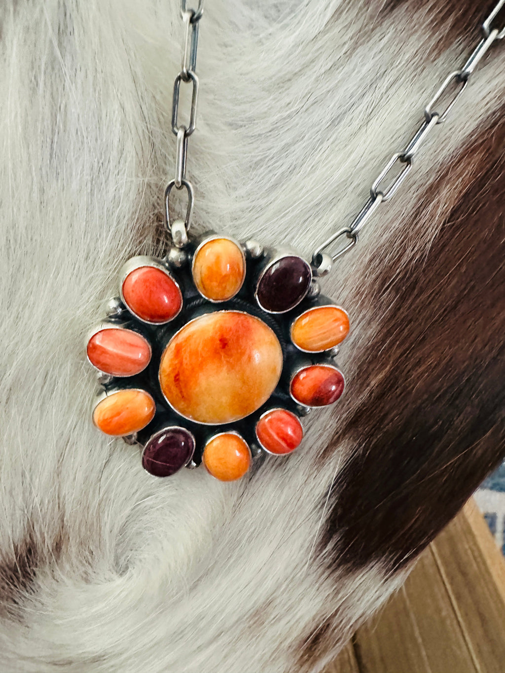 Handcrafted Multicolor Spiny Oyster & Sterling Silver Cluster Necklace by Sheila Becenti
