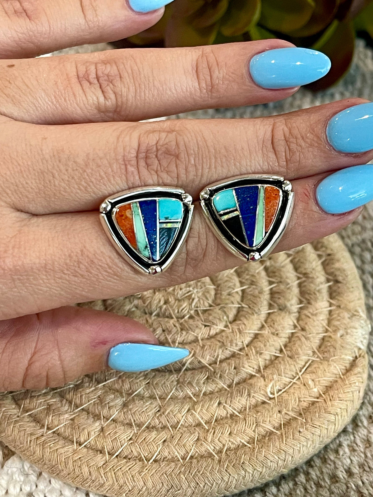 Handcrafted Multi Stone & Sterling Silver Inlay Post Earrings