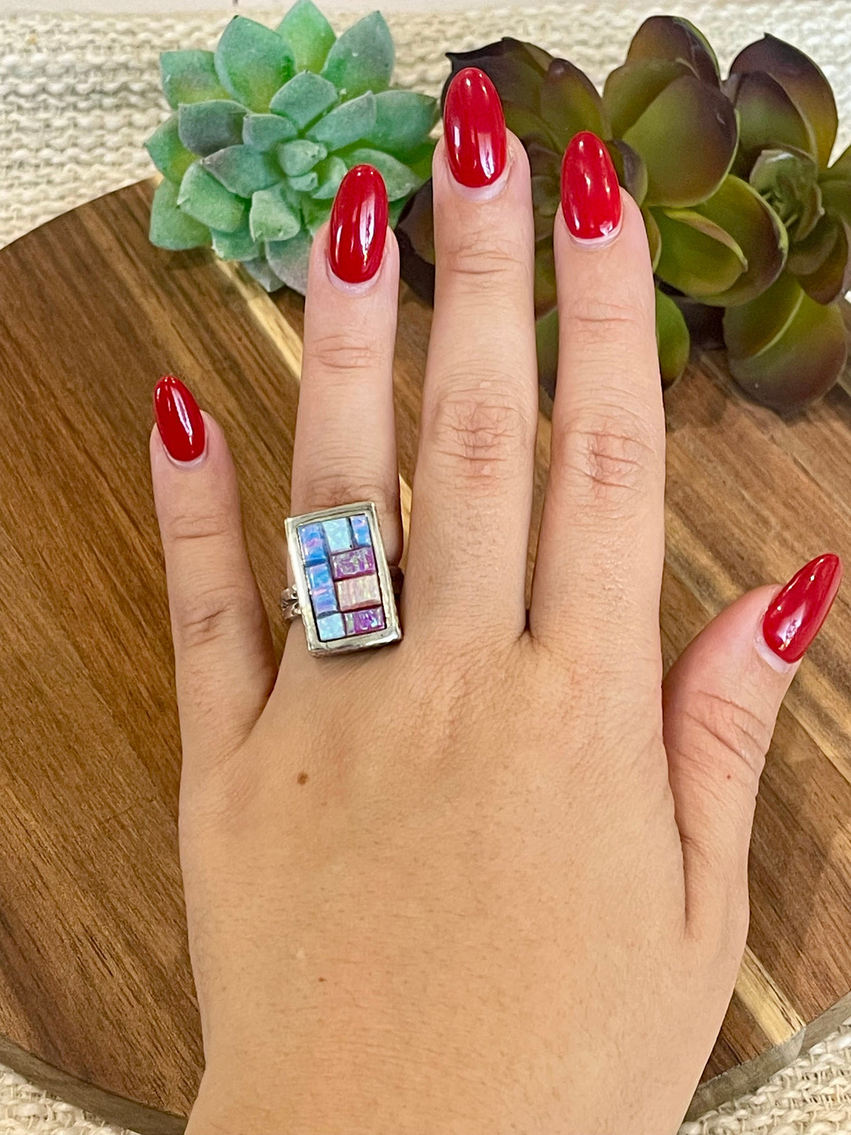 Handmade Sterling Silver & Multi Stone Inlay Ring Size 6