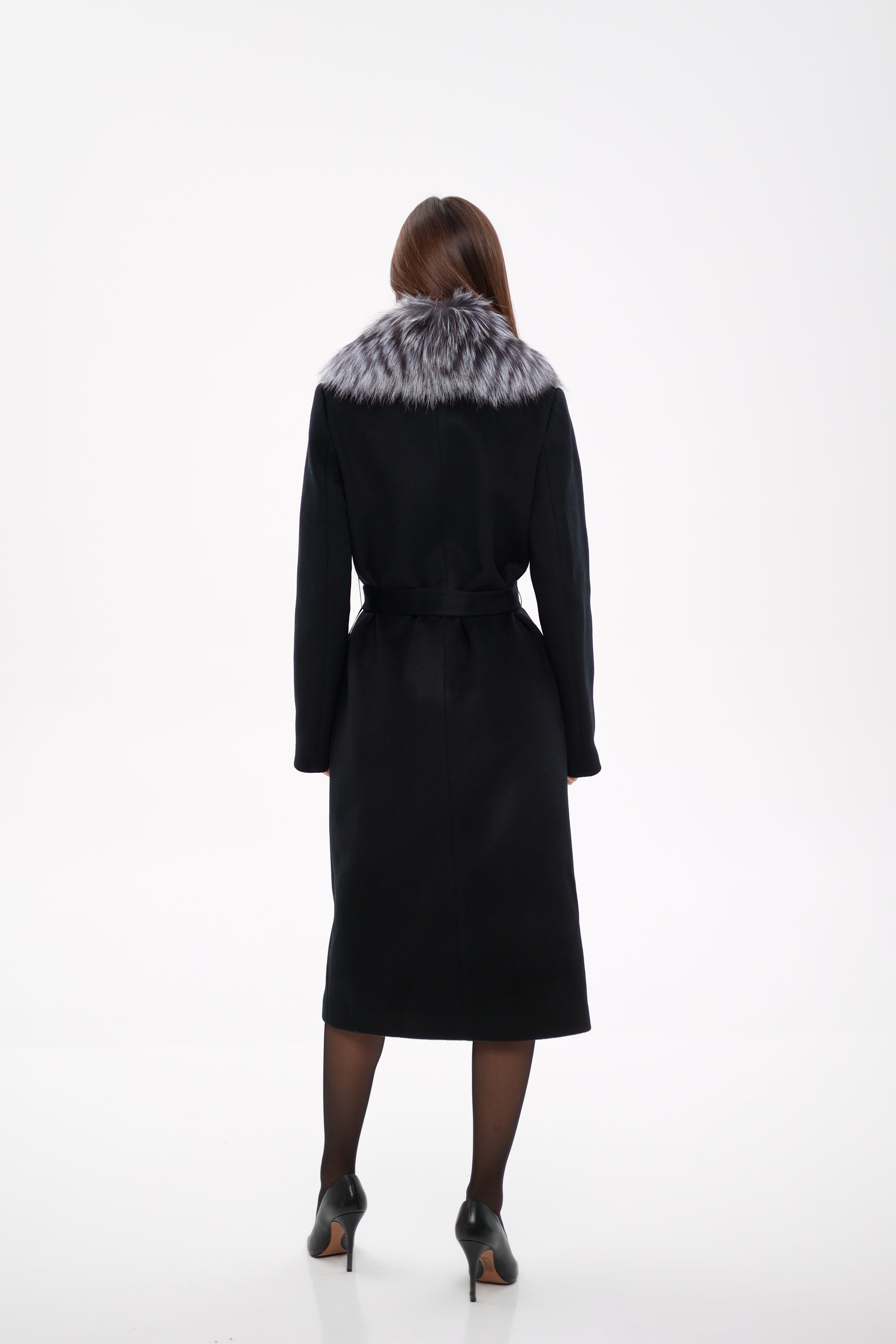 Miranda Coat - Genuine Silver Fox Virgin Wool Wrap Coat in Black