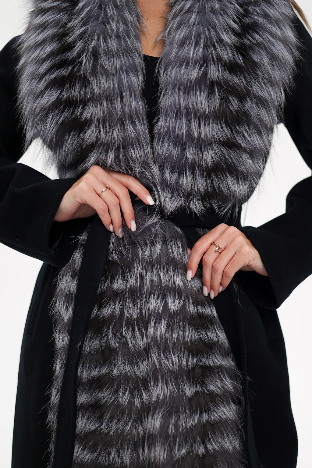 Miranda Coat - Genuine Silver Fox Virgin Wool Wrap Coat in Black