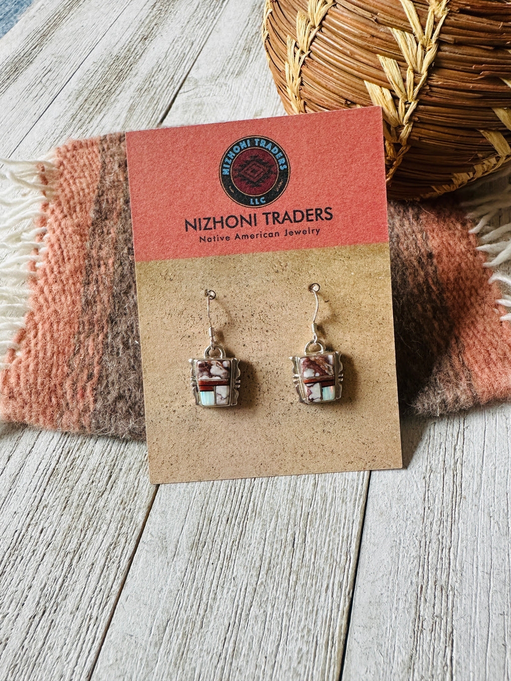 Handcrafted Sterling Silver & Multi Stone Inlay Dangle Earrings