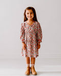 Long Sleeves Pink Bloom Overlap Girl's Cotton Dress