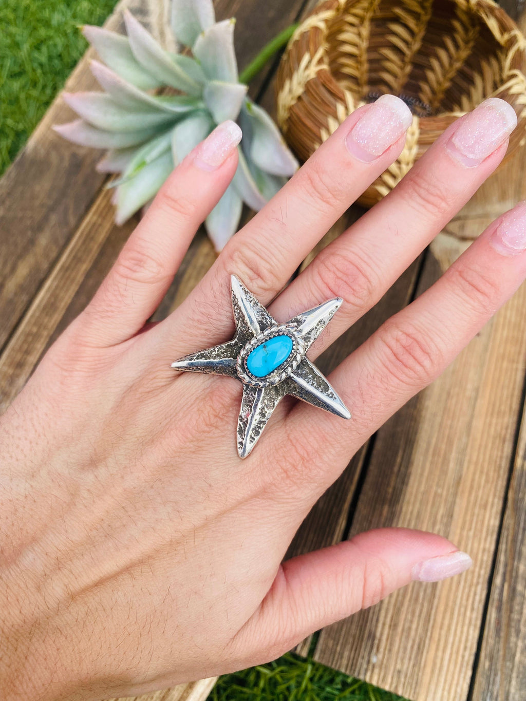 Handcrafted Turquoise & Sterling Silver Star Ring Size 7.5 Signed