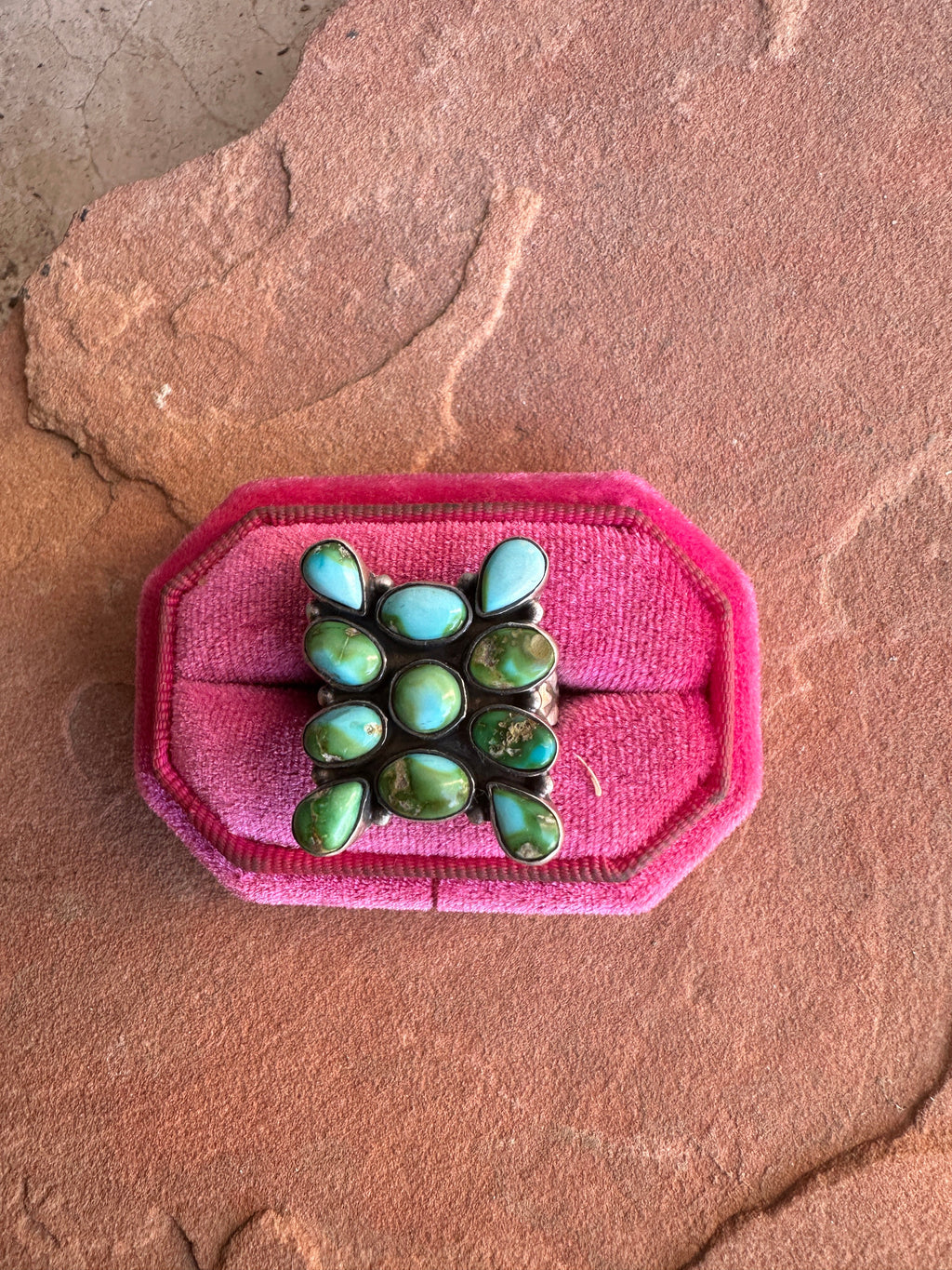 Beautiful Handmade Sonoran Mountain Turquoise And Sterling Silver Cluster Adjustable Ring