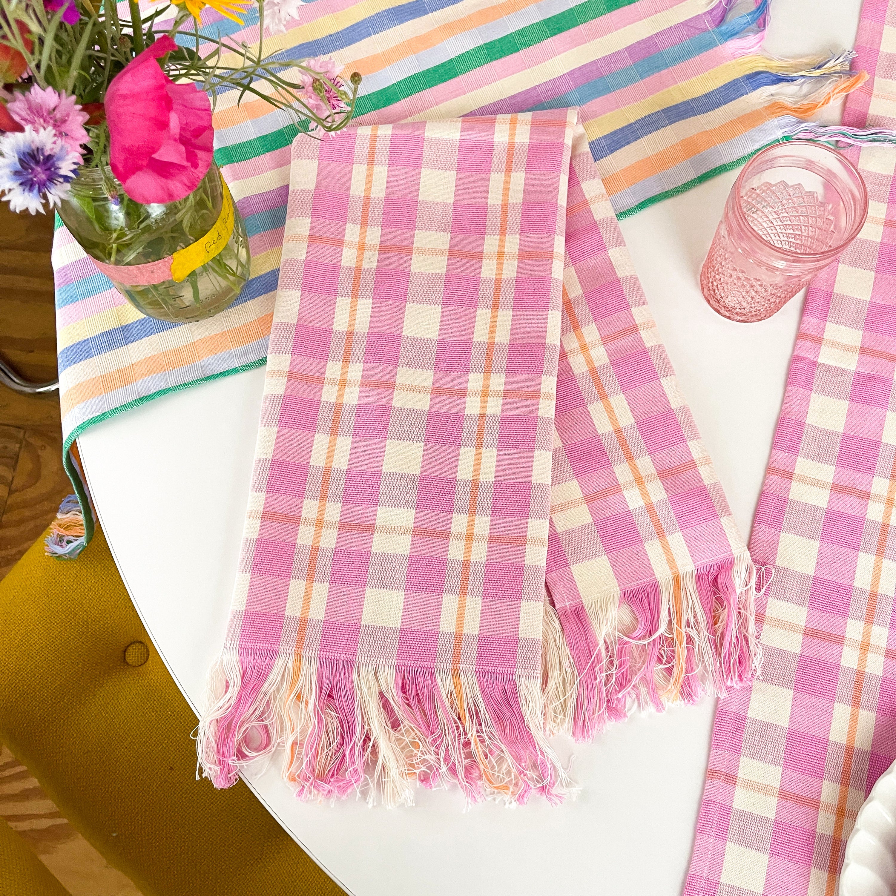 Abigail Plaid Kitchen Towel in Bubblegum and Peach