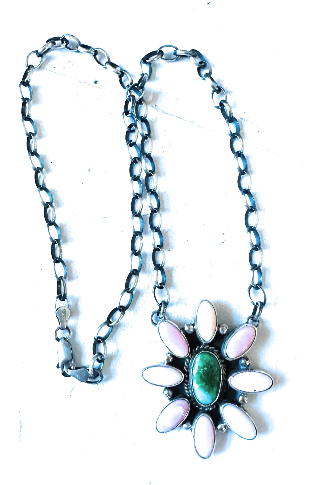 Handcrafted Sterling Silver, Queen Pink Conch Shell & Sonoran Turquoise Necklace