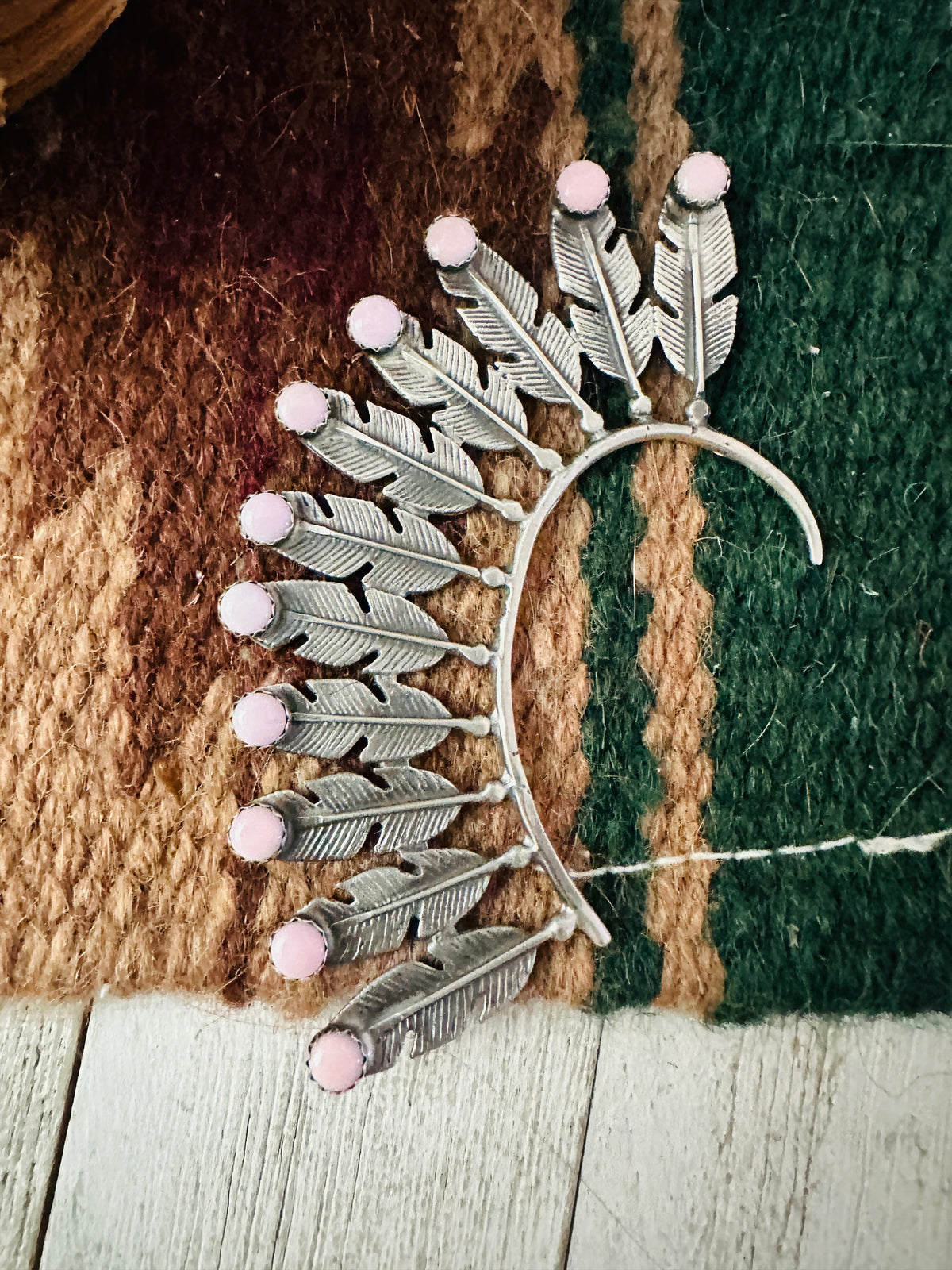 Handcrafted Queen Pink Conch & Sterling Silver Feather Cuff Earring