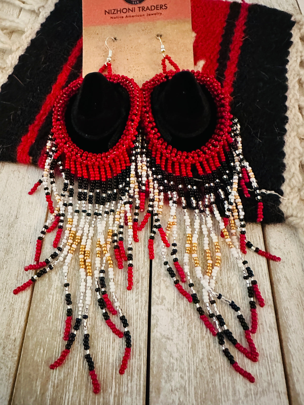 Handcrafted Beaded Cowboy Hat Dangle Earrings- red