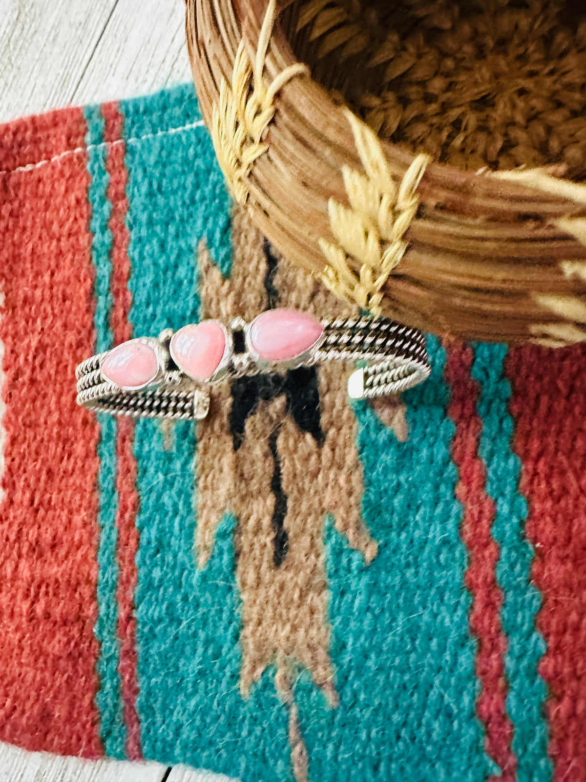 Handcrafted Queen Pink Conch Shell & Sterling Silver Heart Cuff Bracelet
