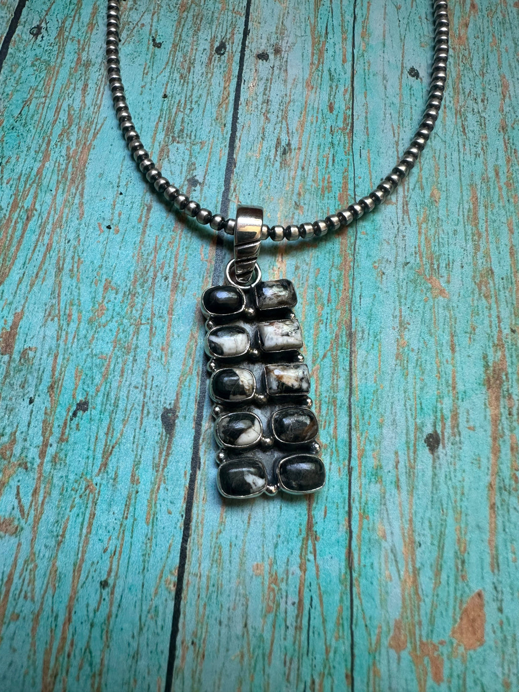 Handmade Sterling Silver & White Buffalo 10 stone Pendant