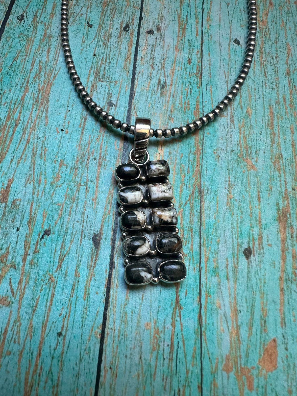 Handmade Sterling Silver & White Buffalo 10 stone Pendant