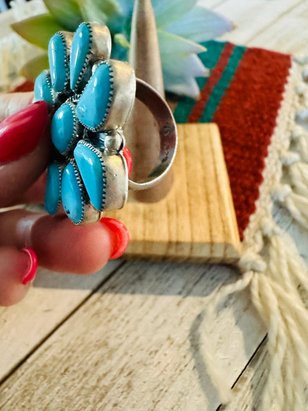 Handcrafted Turquoise & Sterling Silver Cluster Ring Size 10