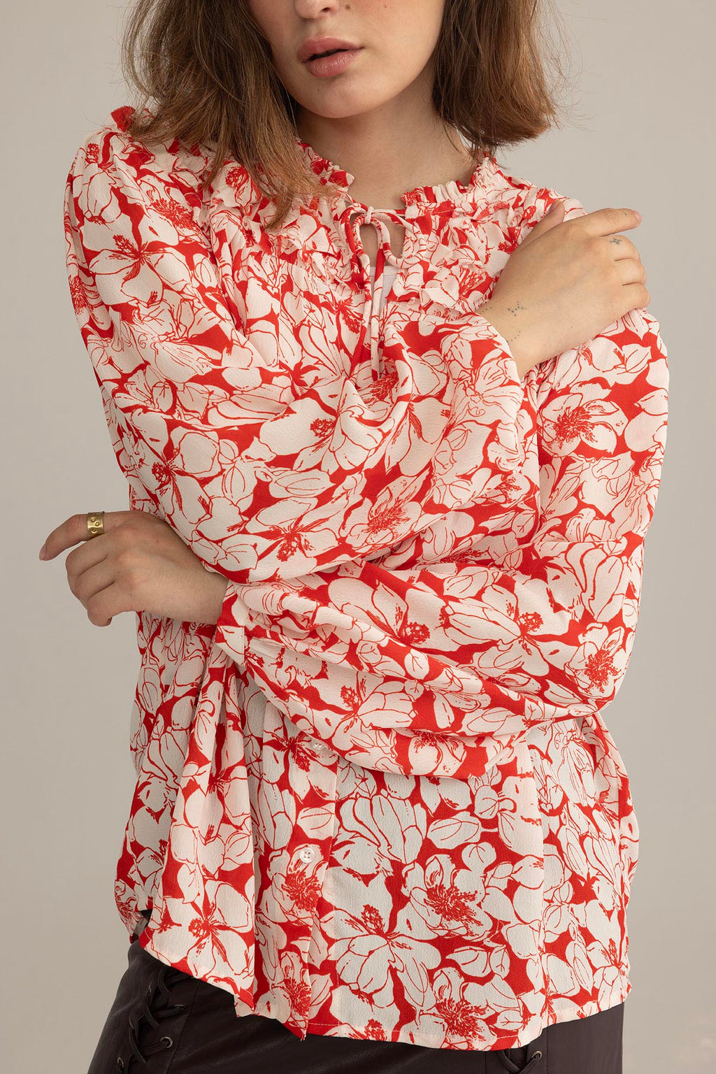 Cherry Fleur Ruffle Top in Crimson Pink