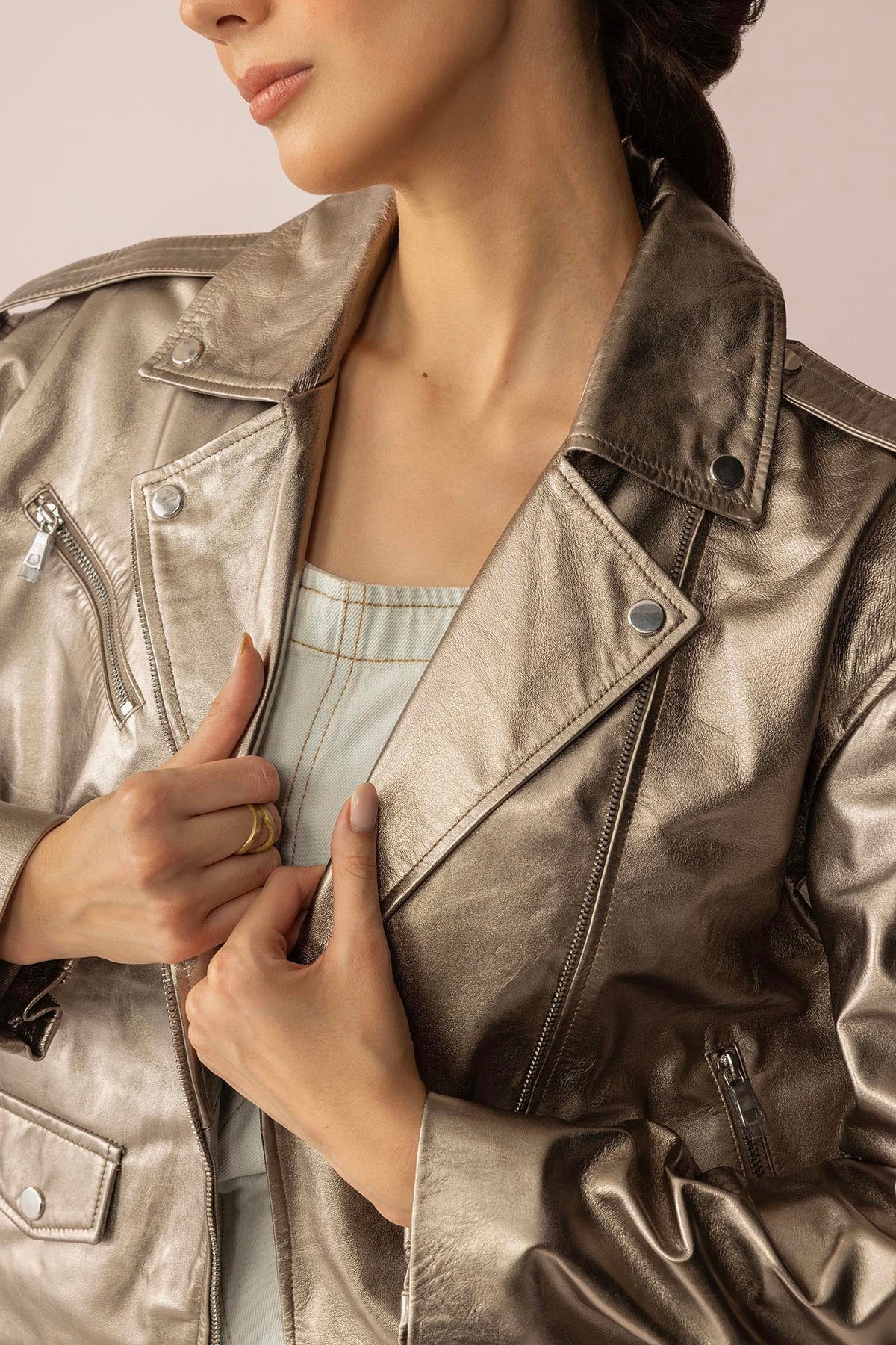 Astrid Shimmer Leather Jacket in Cosmic Silver