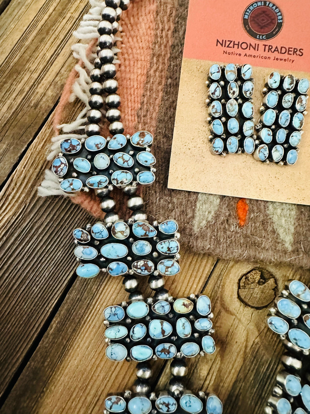 Handcrafted Golden Hills Turquoise & Sterling Silver Squash Blossom Naja Necklace Set by B. Yellowhorse