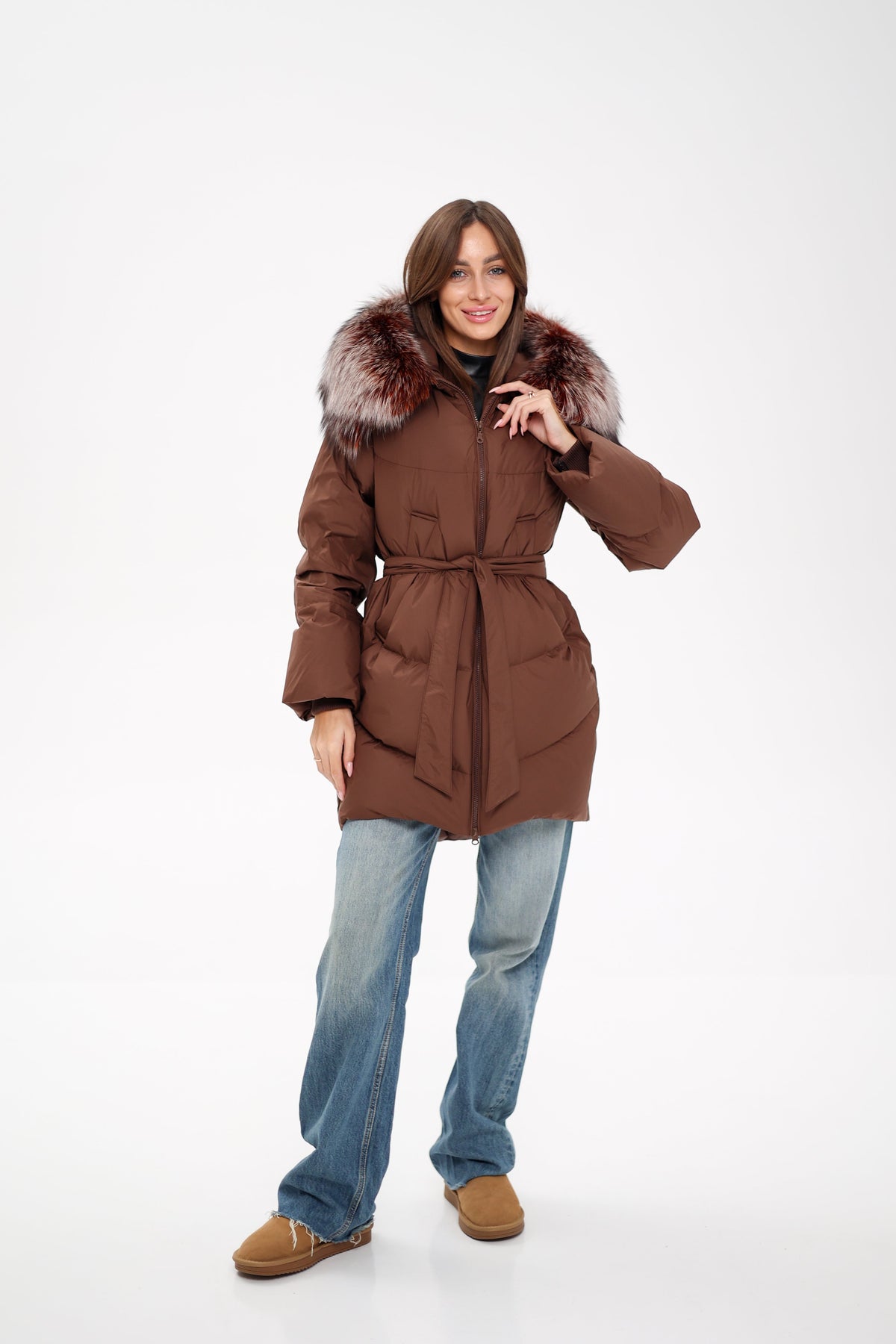 Tyler Genuine Silver Fox Down Coat in Chocolate