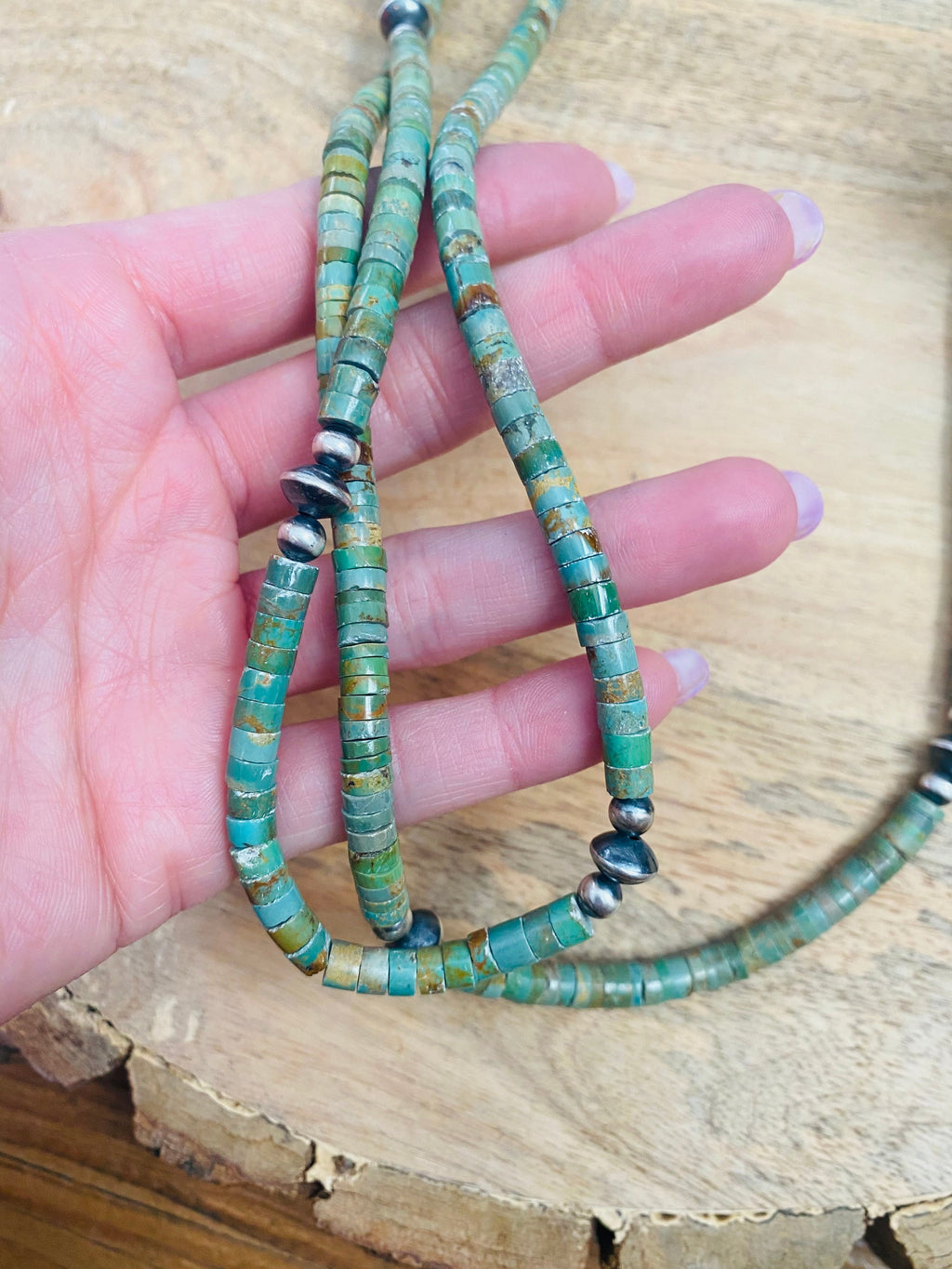 Handcrafted Turquoise & Sterling Silver Pearl Beaded Necklace 40 inch