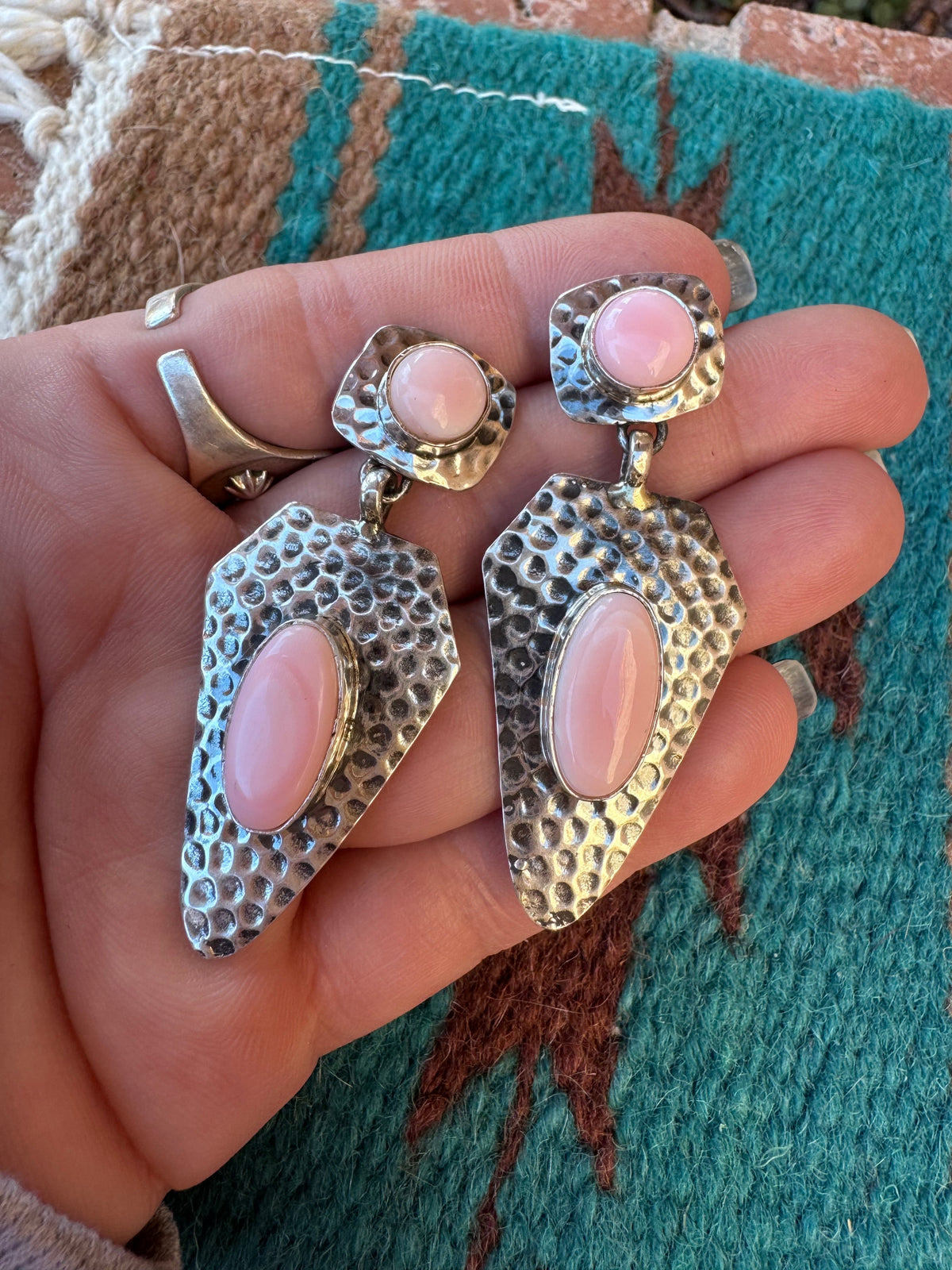 Handcrafted Queen Pink Conch & Hammered Sterling Silver Dangle Earrings