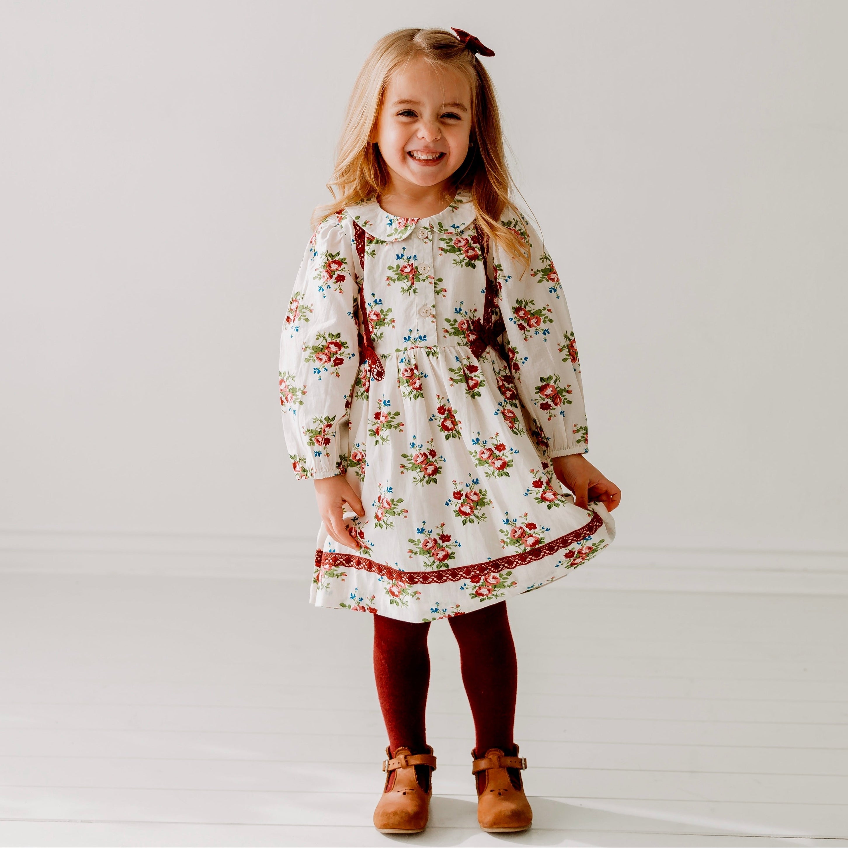 Bunch Floral Printed Girl's Cotton Dress with Crimson Lace