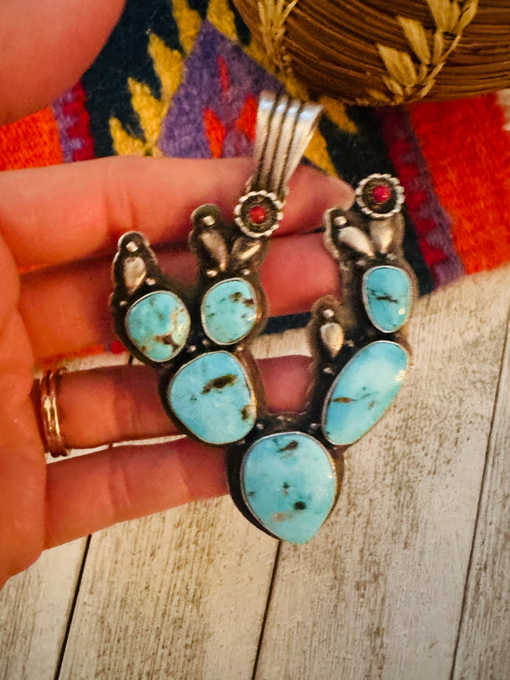 Handcrafted Turquoise, Coral and Sterling Silver Cactus Pendant