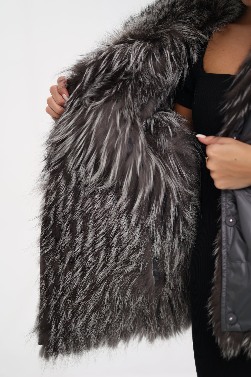 Reversible Genuine Silver Fox  Down Fill Coat in Grey