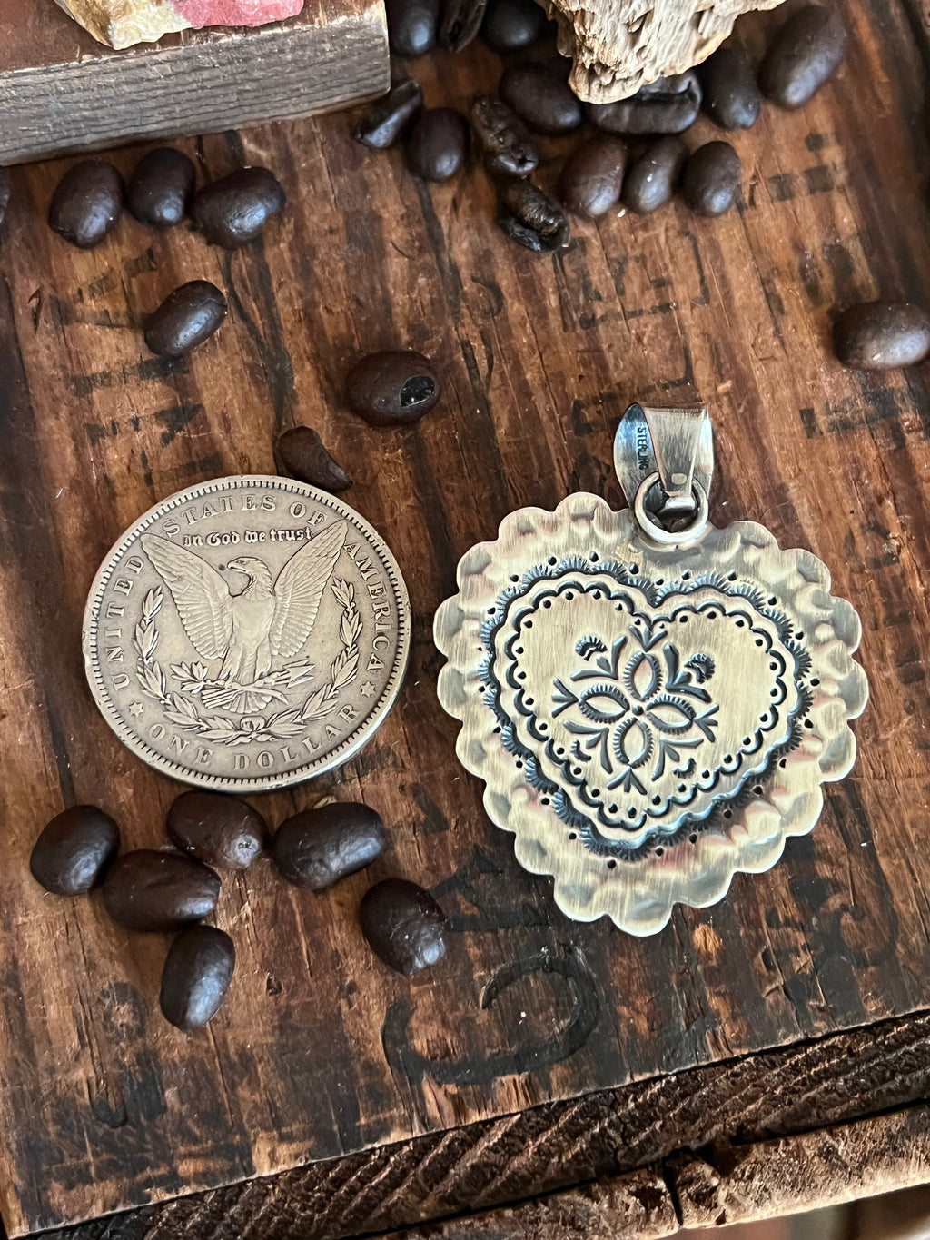 Hand Stamped Sterling Silver & Kingman Turquoise Heart Pendant by June Delgarito