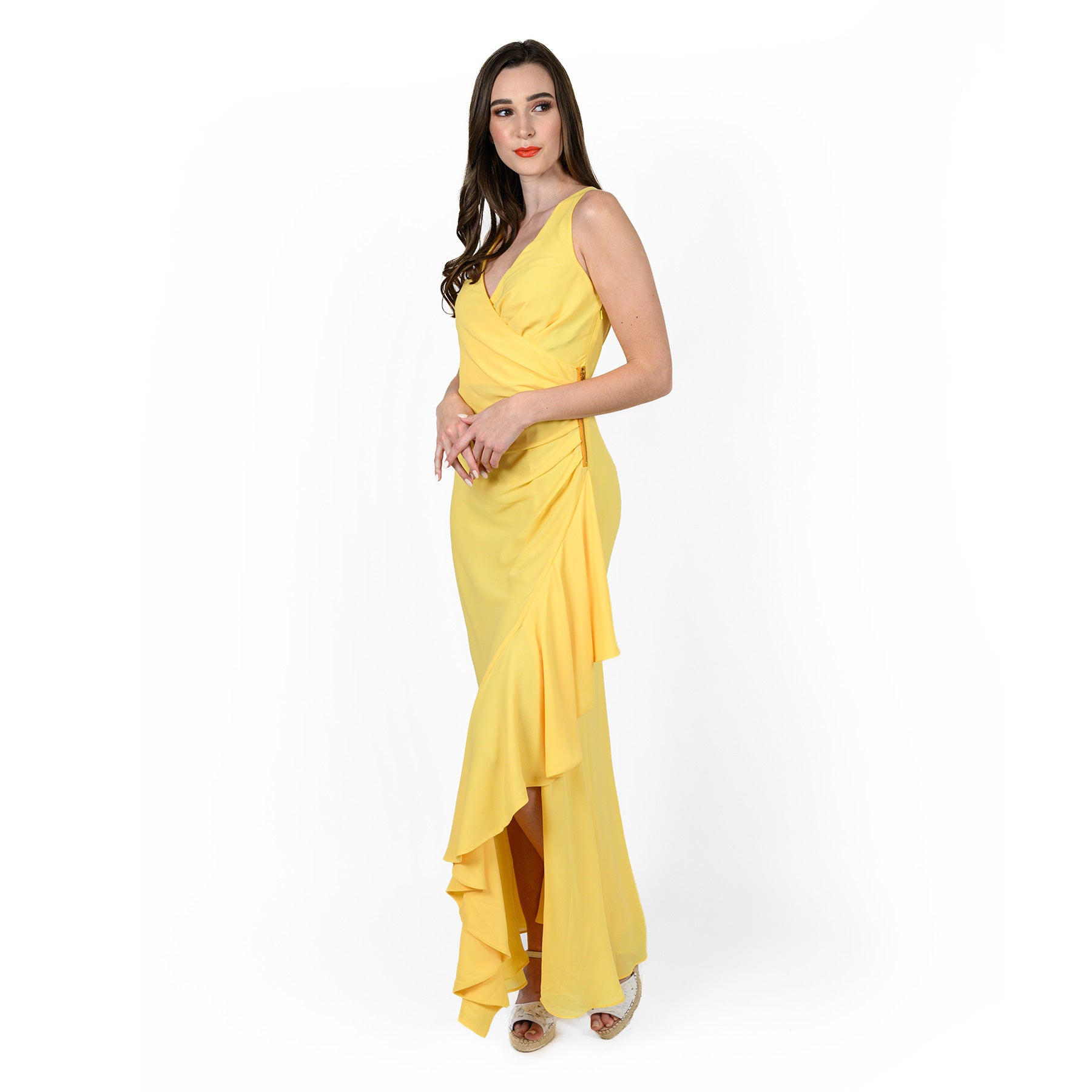 Asymmetric Flounced Wrap Dress