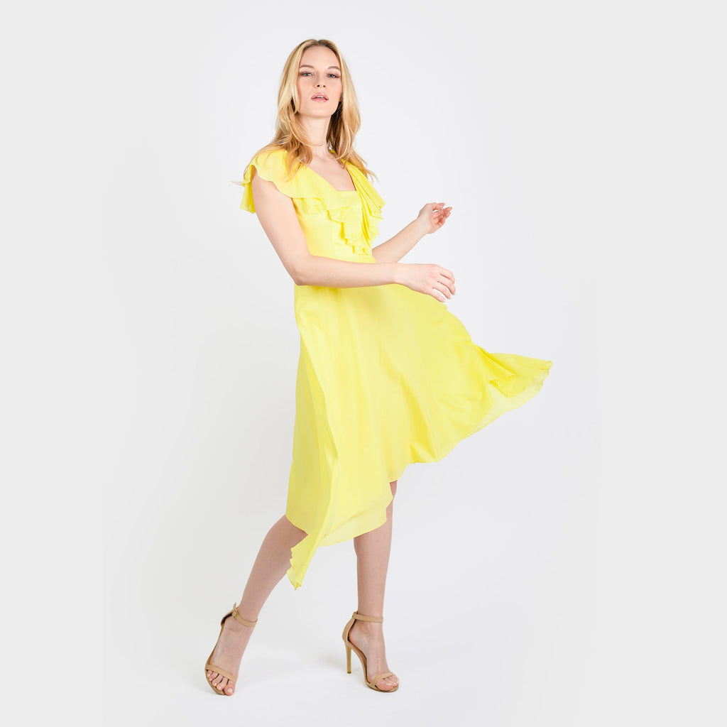 CN7177 Ruffled Nkline Sharkbite Hem Dress