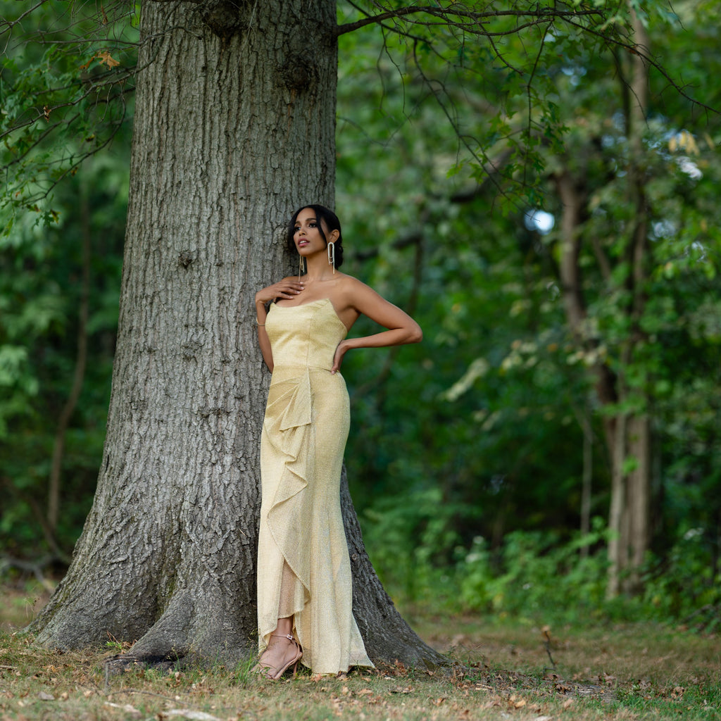 Strapples Draped Ruffle Gown