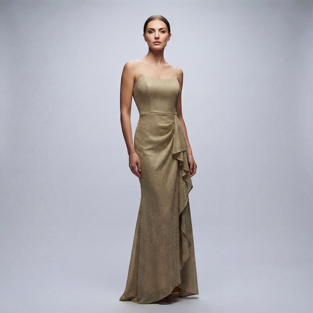 Strapples Draped Ruffle Gown