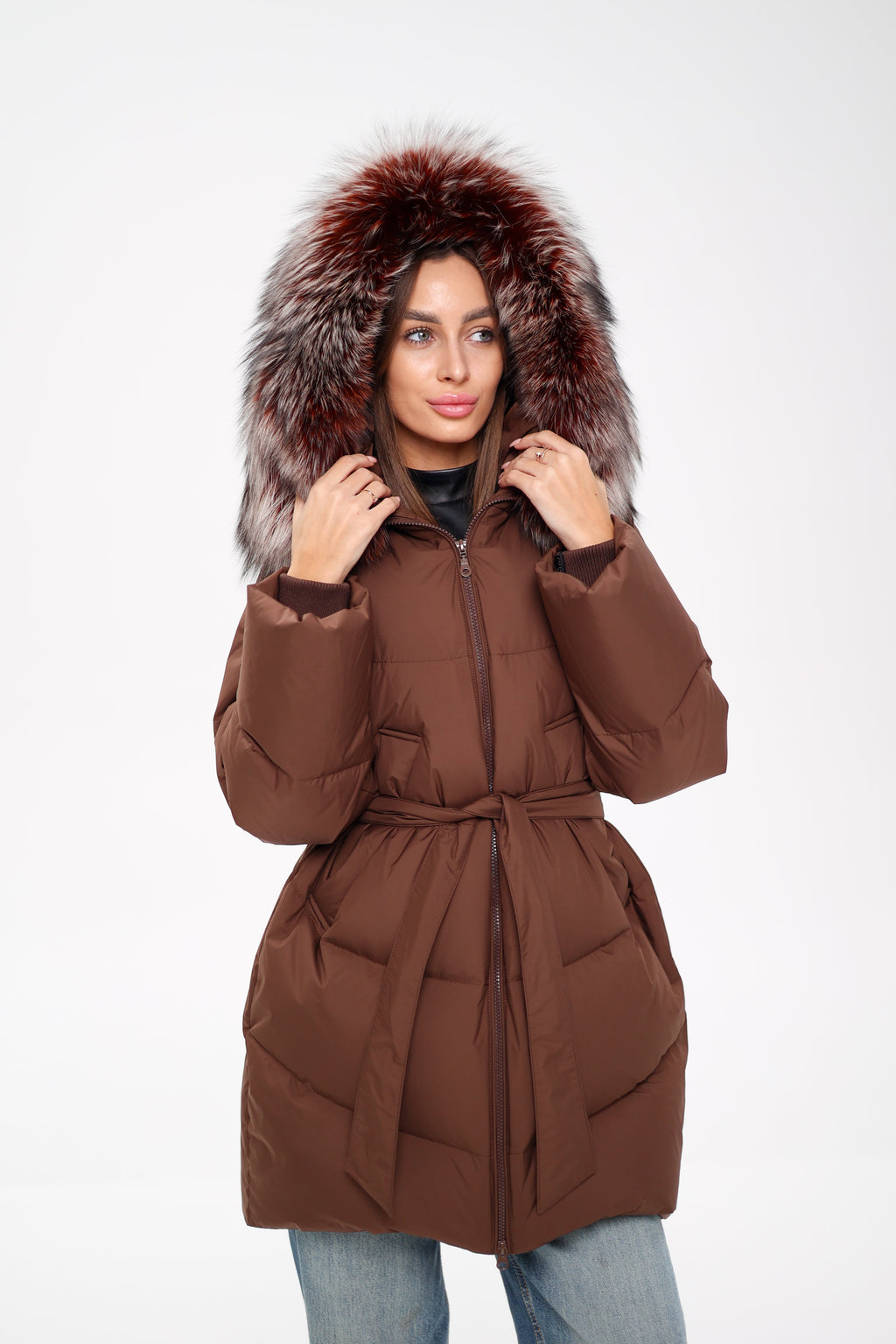 Tyler Genuine Silver Fox Down Coat in Chocolate
