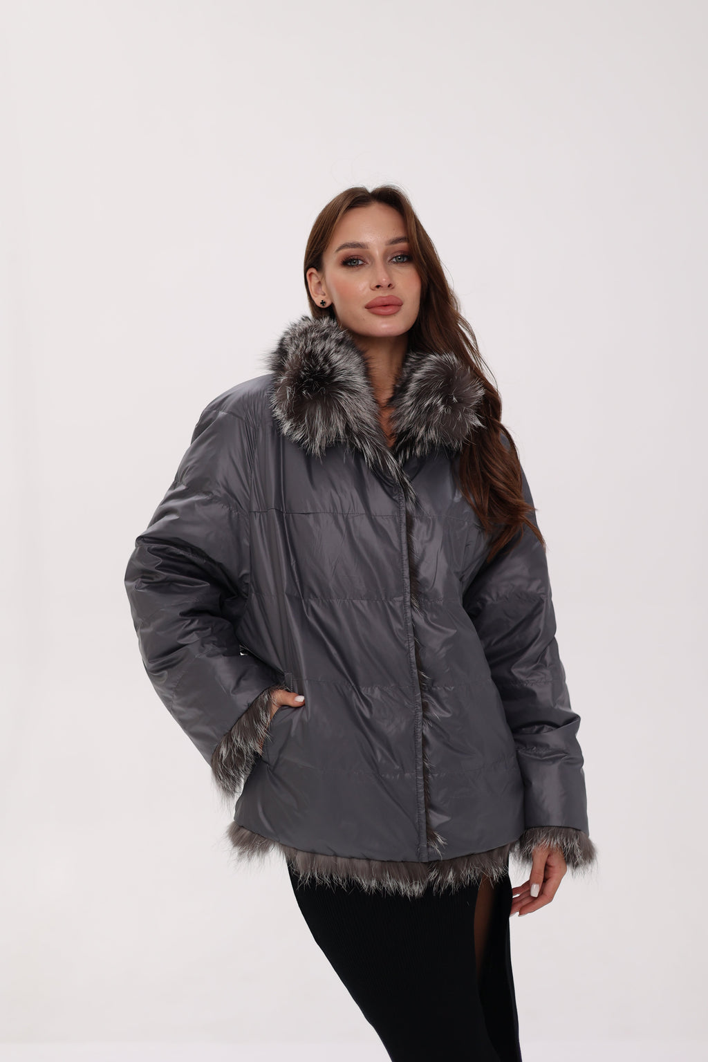 Reversible Genuine Silver Fox  Down Fill Coat in Grey