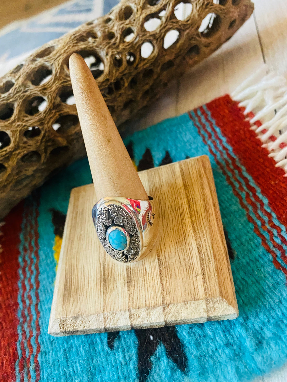Handcrafted Kingman Turquoise & Sterling Silver Ring Size 12.5