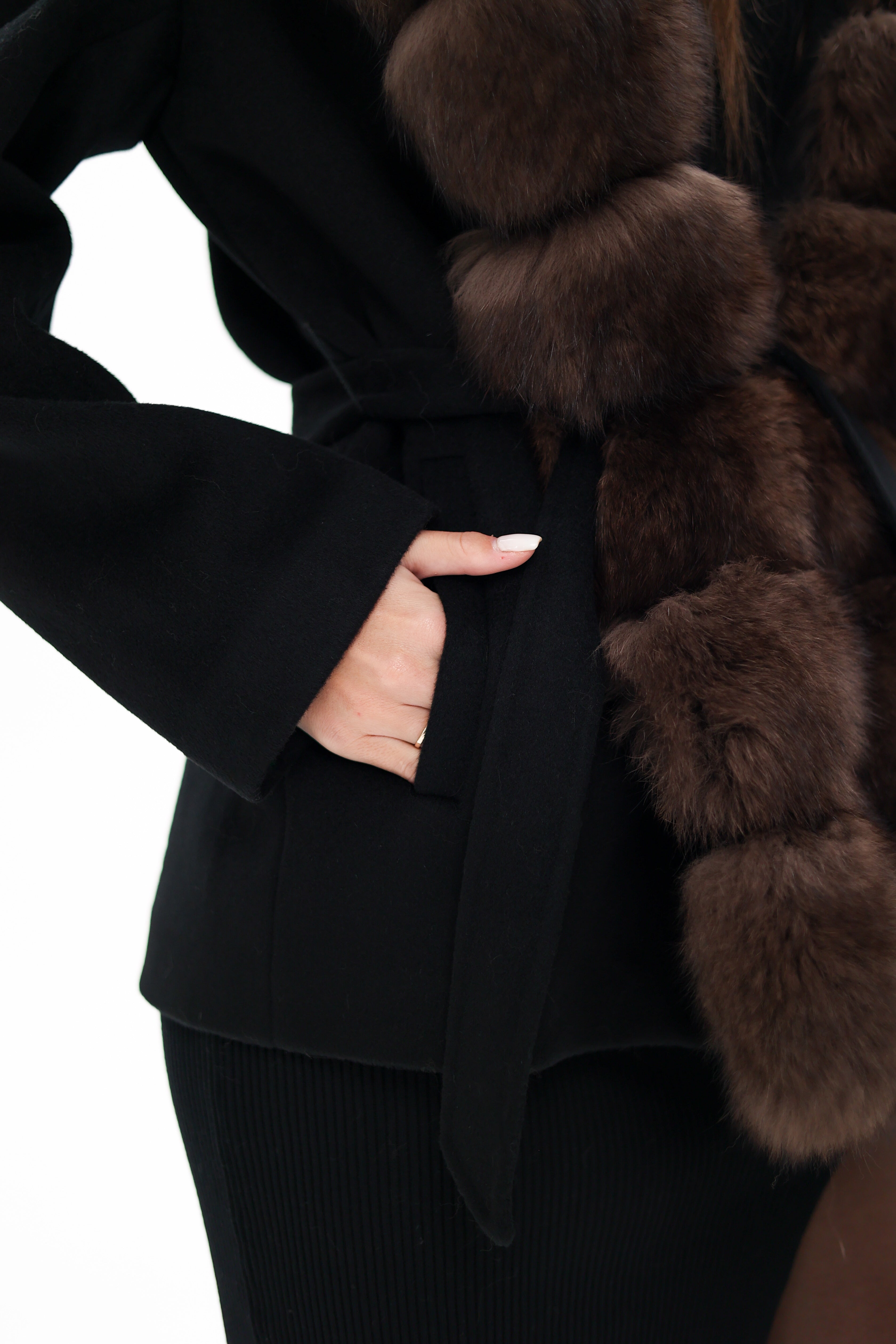 Genuine Polar Fox Fur Hooded Virgin Wool Coat