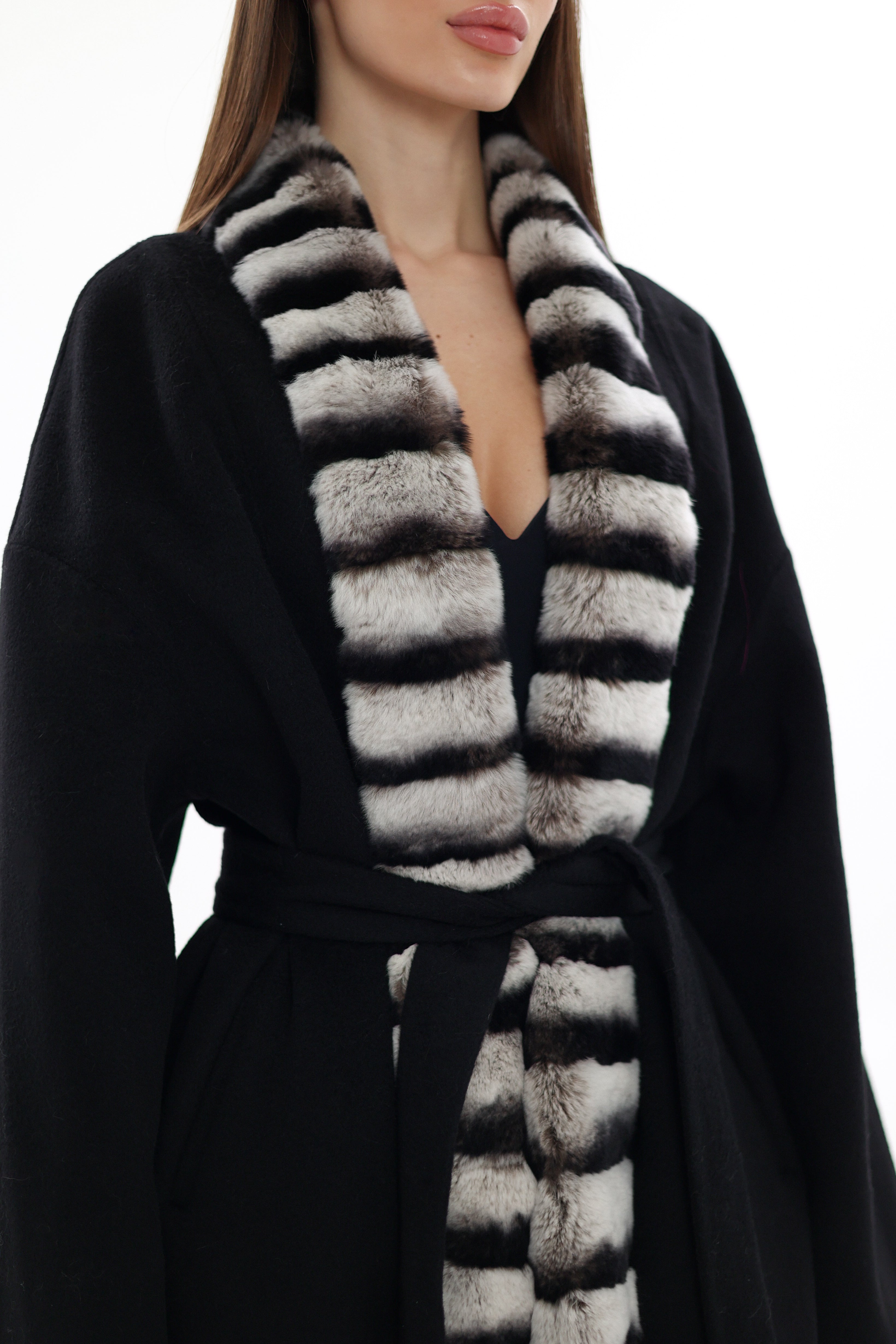 Genuine  French Orylag Fur Italian Cashmere Wool Coat