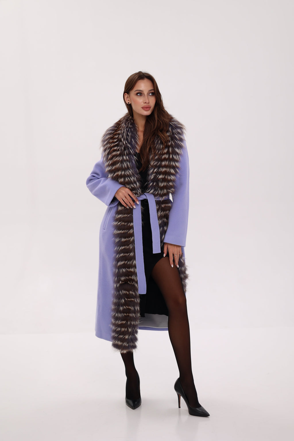 Carrie Coat - Genuine Silver Fox Virgin Wool Wrap Coat in Lavender